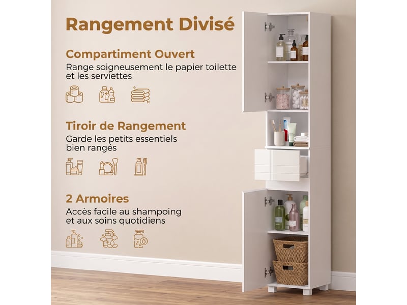  Colonne de salle de bain 2 portes 1 tiroir 1 niche blanc brillant 30 x 30 x 170 cm  - Conforama D