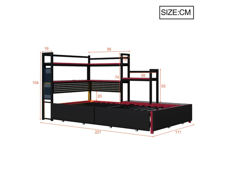  Lit avec tiroirs, lit simple, 3 tiroirs, usb, led et étagères, 90×200 cm, sans matelas, en métal, noir  - Conforama D