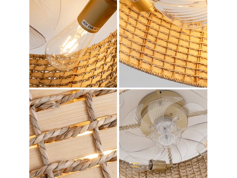 Ventilateur de plafond 19 pouces en rotin et abs beige, contrôle par application et télécommande, 6 vitesses - Conforama D