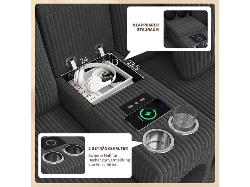 Canapé d'angle, forme u et l modulable canapé modulable, cord tissu, rangement intégré, charge sans fil usb, haut-parleur bluetooth - Conforama C