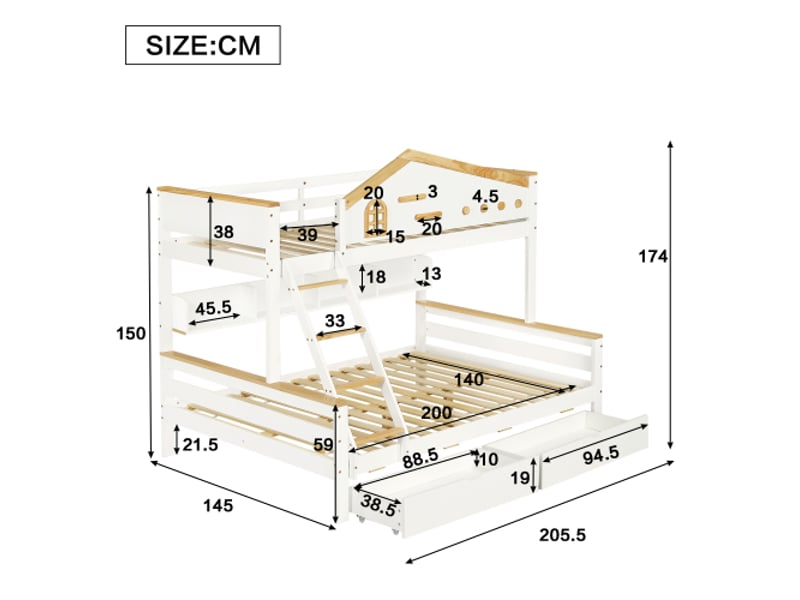  Lit superposé 90x200 cm, lit cabane avec échelle à quatre niveaux, tiroirs et étagère ouverte, en bois, blanc, sans matelas  - Conforama D