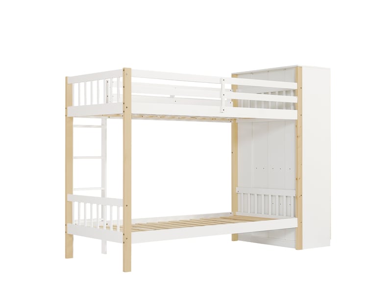  Lit superposé enfant 90x200 cm – blanc et naturel – armoire latérale et 6 étagères - sans matelas  - Conforama D