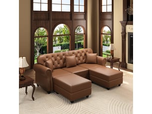 Canapé chesterfield 3 places + 2 poufs en simili cuir marron, 210 cm