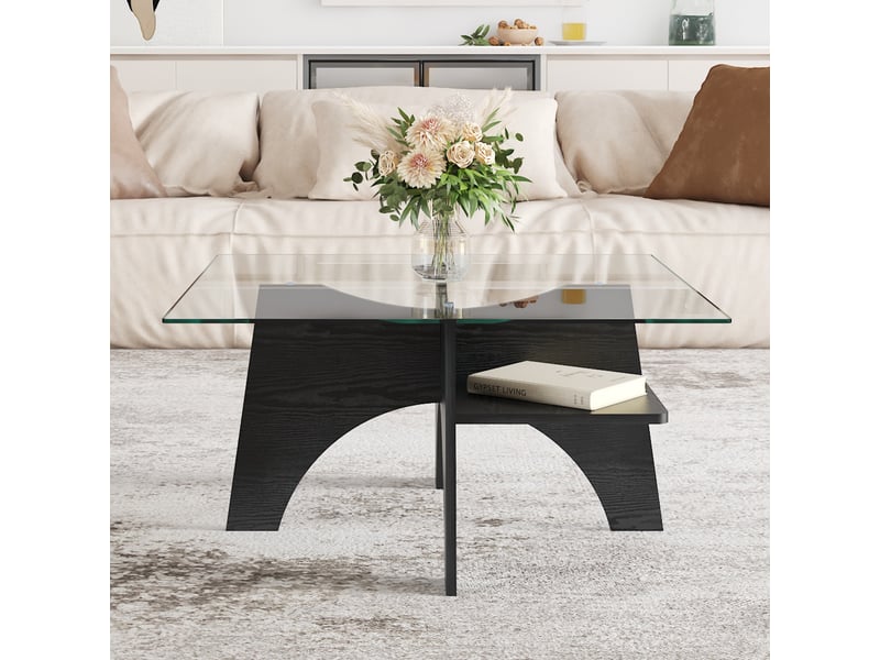  Table basse carrée moderne en verre de sécurité – mdf noir effet bois – 80 x 80 x 40 cm  - Conforama B