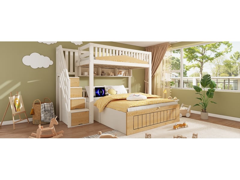 Lit mezzanine 90x200 cm et 140x200 cm avec rangement hydraulique, escalier, mdf, bois, métal, blanc et naturel sans matelas  - Conforama A