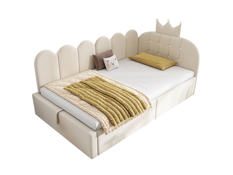  Lit simple 90x190 cm avec rangement en velours beige  - Conforama A
