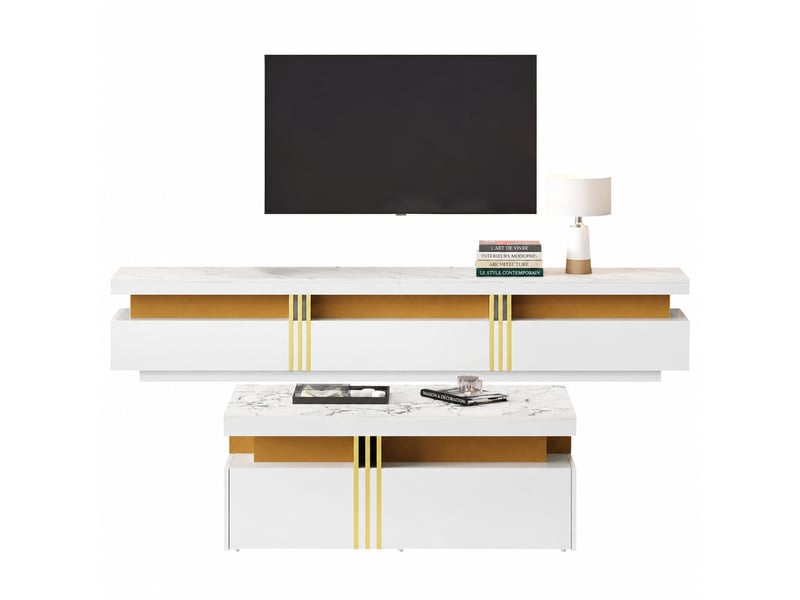  Ensemble meuble tv blanc et table basse, meuble tv blanc 200 cm, effet marbre et détails dorés  - Conforama A