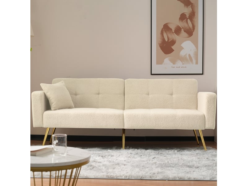 Canapé-lit 2 places 175x64x72 cm, coussins, poches de rangement, pieds dorés, dossier réglable, finition tissu sherpa beige  - Conforama E