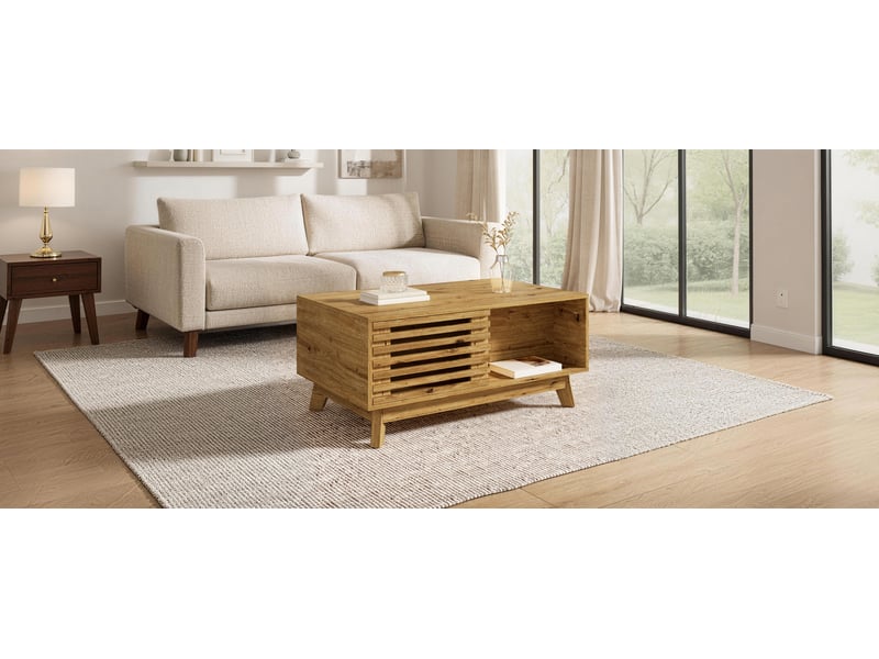  Table basse relevable style moderne rétro avec porte à rideau coulissante, rangement intégré, structure mdf effet bois, meuble multifonction pour salon OPULERANE TRADING LTD - Conforama D