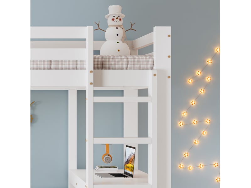  Lit mezzanine enfant 90 x 200 cm blanc en bois et mdf, bureau, commode 3 tiroirs et étagères de rangement  - Conforama E