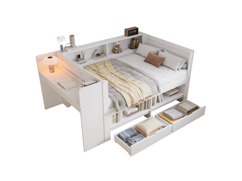  Lit avec rangement 120x200 cm blanc avec bureau intégré, armoire et 2 tiroirs  - Conforama A