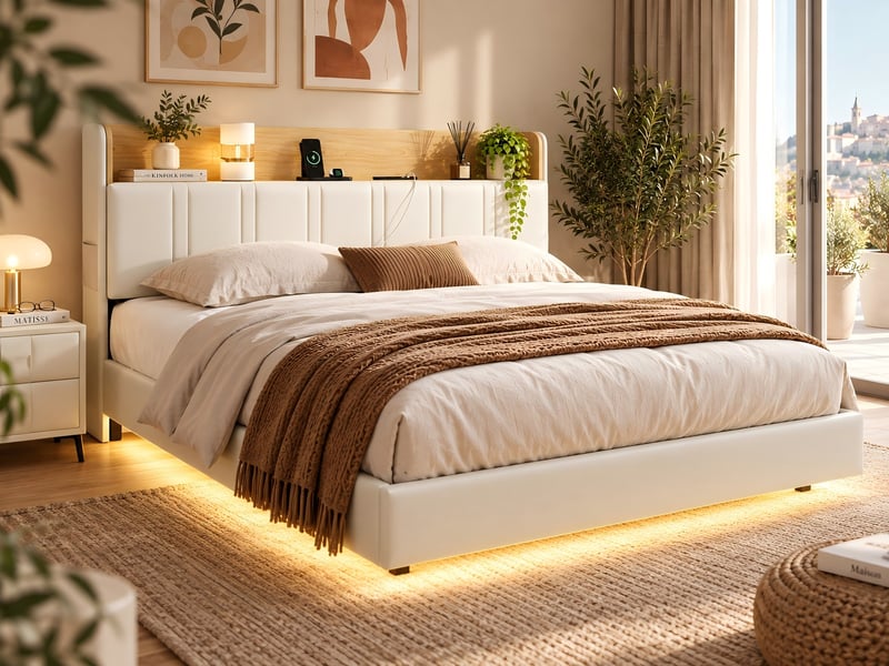 Kefsr lit double adulte 140x200 cm suspendu avec led, tête de lit rangement et prises usb, cadre de lit en pu blanc et chêne clair avec sommier - Conforama B