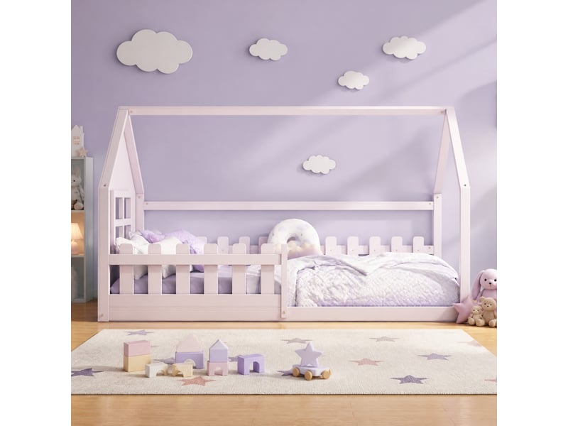  Lit cabane enfant 90 x 200 cm en pin et mdf, rose, avec sommier à lattes  - Conforama B