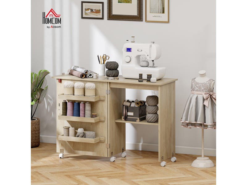  Table de couture pliable sur roulettes - table à rabat - 4 étagères - effet bois clair  - Conforama D