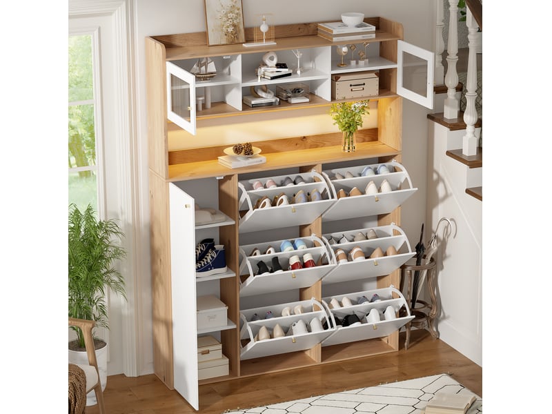  Meuble à chaussures avec led et verre – 6 compartiments basculants, blanc et naturel, 130 x 25 x 180 cm  - Conforama C
