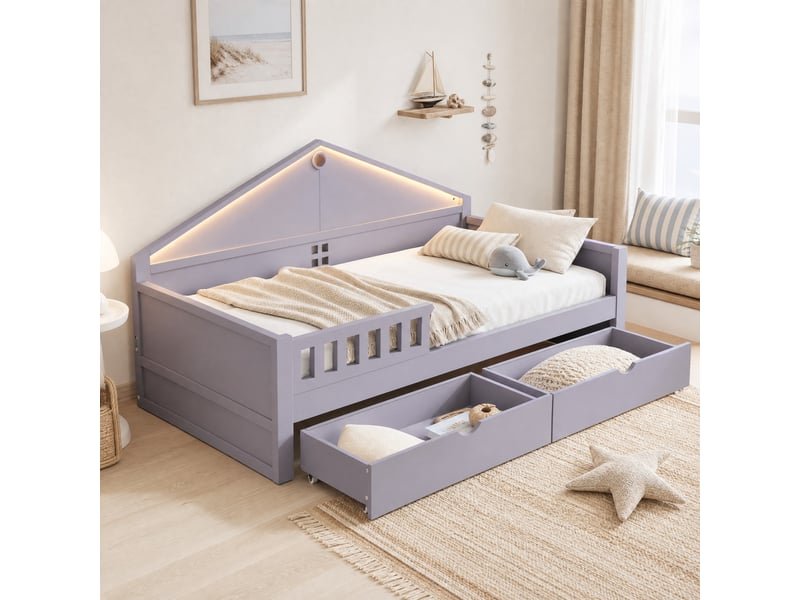 Lit simple enfant 200×90 cm avec 2 tiroirs et éclairage led, en pin, contreplaqué et mdf gris - Conforama B