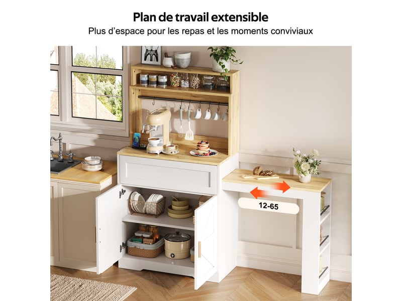  Buffet de cuisine meuble cuisine rangement avec 2 portes et niveaux de rangement, avec plan de travail coulissant, 146 x 40 x 142 cm blanc  - Conforama B