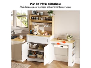 Buffet de cuisine meuble cuisine rangement avec 2 portes et niveaux de rangement, avec plan de travail coulissant, 146 x 40 x 142 cm blanc