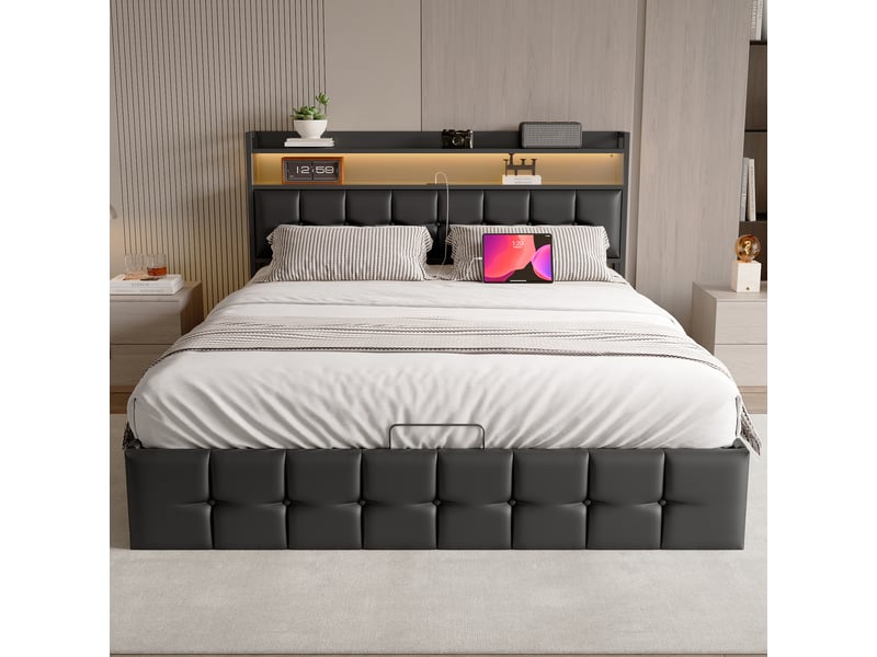  Lit coffre 2 places 160x200 cm, lit adulte avec rangement, port usb, led contrôlé par télécommande et app, pu noir  - Conforama D