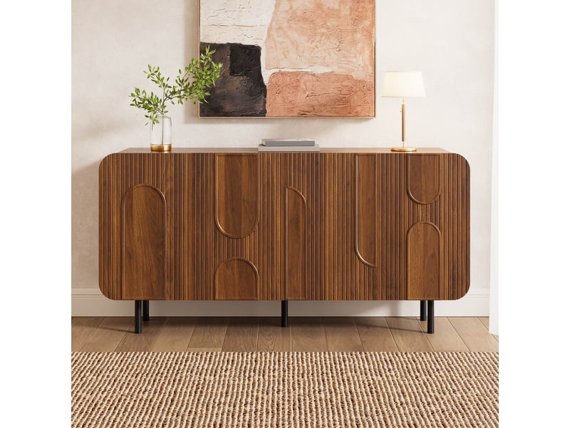  Buffet bas 4 portes 160x40x79 cm, 8 compartiments et étagères réglables, façades rainurées en relief, pieds métal, effet noyer  - Conforama B