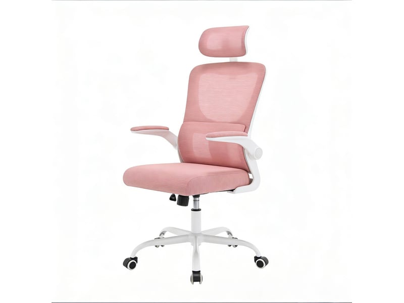  Chaise de bureau rose à dossier haut avec appuie-tête réglable, accoudoirs rabattables et fonction basculante  - Conforama A