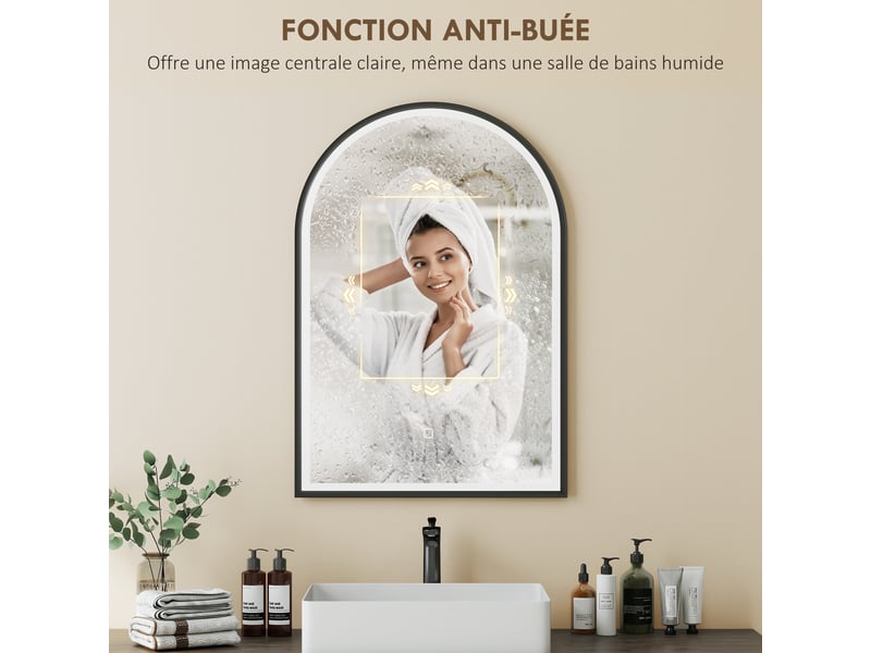  Miroir salle de bain avec éclairage 50 x 70 cm, miroir led arqué, anti-buée, 3 couleurs lumière, dimmable, mémoire, noir  - Conforama R
