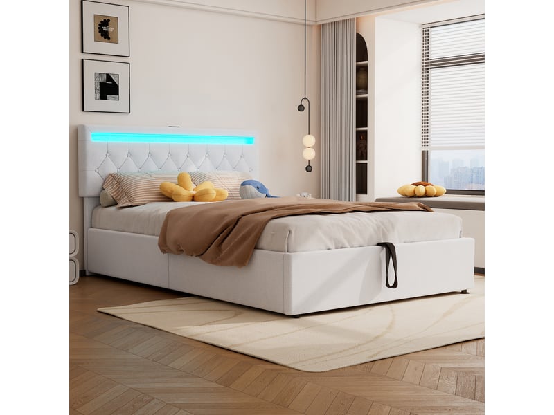  Lit coffre 140x200cm, lit double avec led, tête de lit réglable et sommier, rangement, charge, lin blanc, sans matelas  - Conforama B