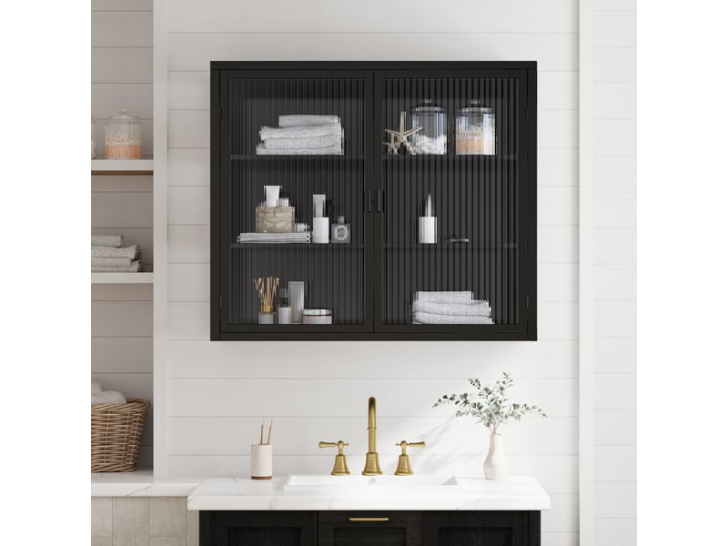  Armoire murale modèle glass 70 cm, noir, 2 portes vitrées, 3 niveaux de rangement, salon salle bain  - Conforama B
