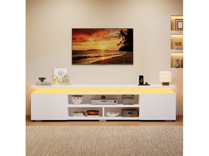  Meuble tv led 180x35x42 cm - 2 portes et niches ouvertes - mdf blanc  - Conforama W