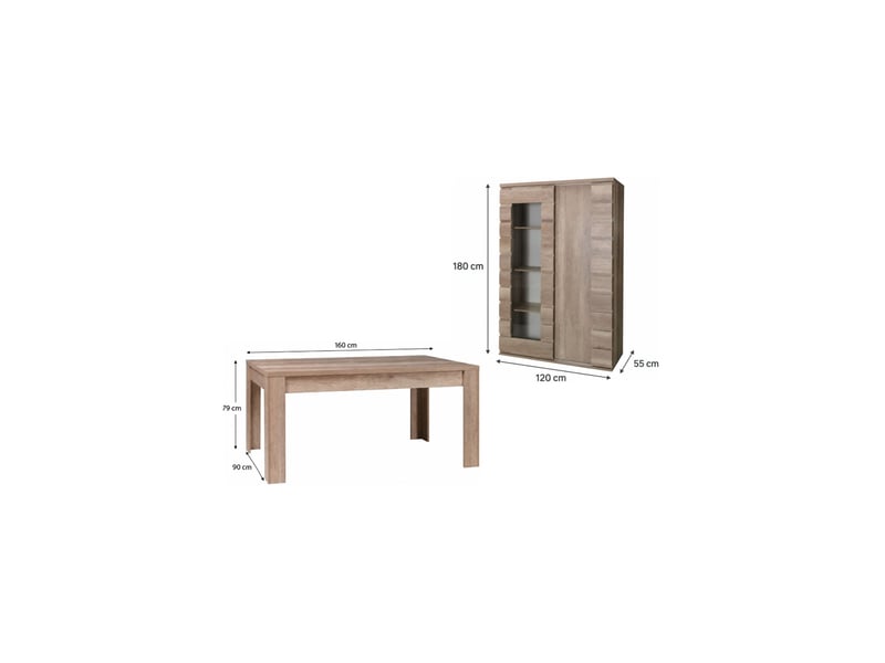 Ensemble romi chêne dab canyon – table 160 cm et vitrine 120 cm à 2 portes coulissantes - Conforama C