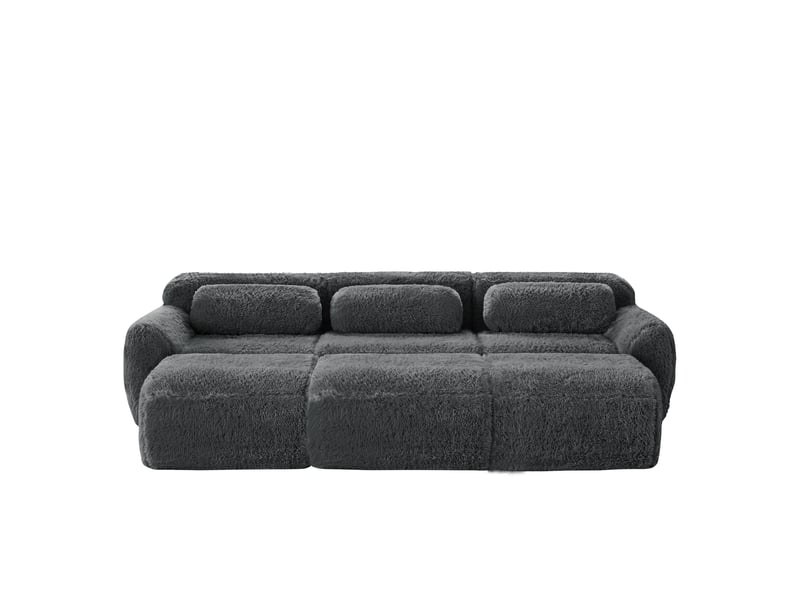  Canapé modulable 3 places en tissu peluche gris avec 3 poufs W3325S00186 - Conforama A