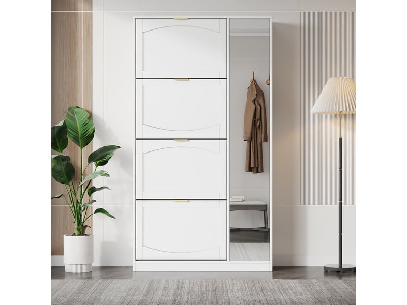  Meuble à chaussures 80x24x147 cm avec miroir, 4 abattants et étagères réglables, rangement gain de place - Blanc Fay Lum - Conforama E