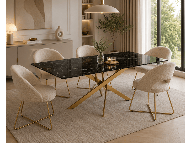 Table repas jessica gold et plateau en verre 150 cm 4 à 6 couverts - effet marbré noir  - Conforama E