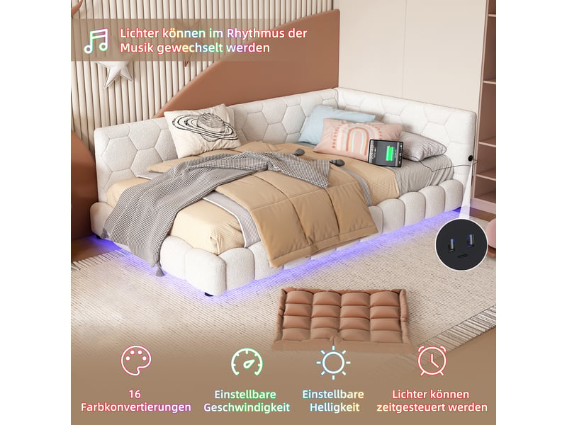 Lit de jour 90x200 canapé lit blanc velours avec lumière led et port usb type-c  - Conforama D