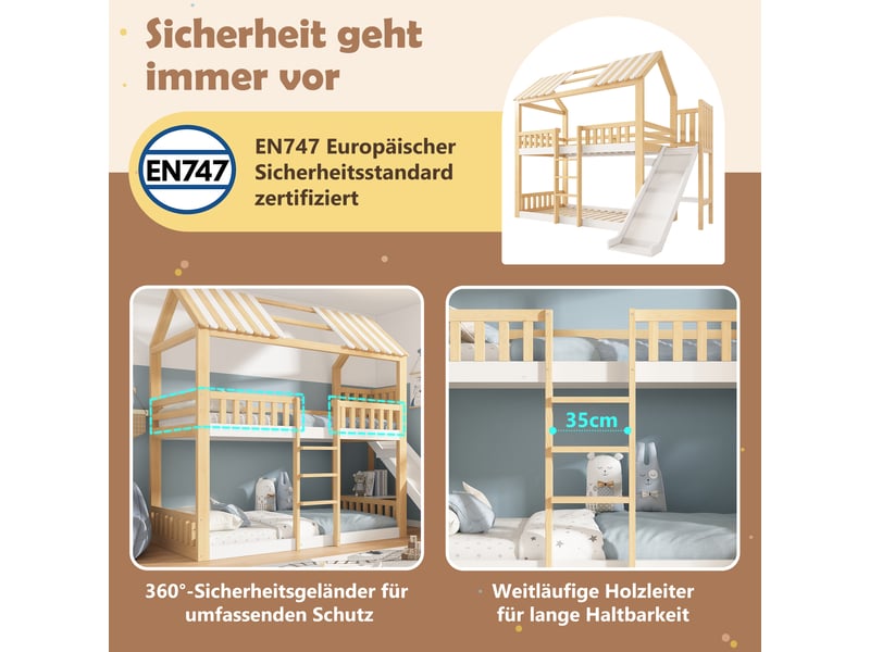  Lit superposé enfant 90x200 cabane avec toboggan et étagère, blanc et bois, pour deux enfants  - Conforama D