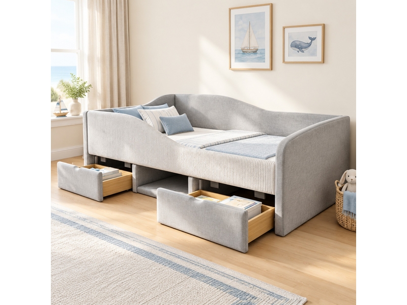  Lit enfant capitonné 90 x 190 cm en velours gris avec 2 tiroirs et barrières de protection  - Conforama C
