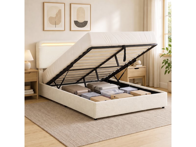  Lit coffre led 160x200cm - tête de lit réglable, pied de lit et sommier - télécommande, vérins pneumatiques - flanelle crème  - Conforama B