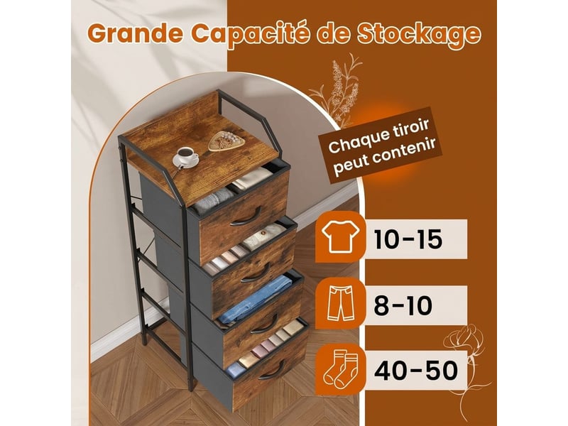  Chiffonnier meuble 43x30x98 cm quatre tiroirs tissu marron rustique et metal noir  - Conforama D