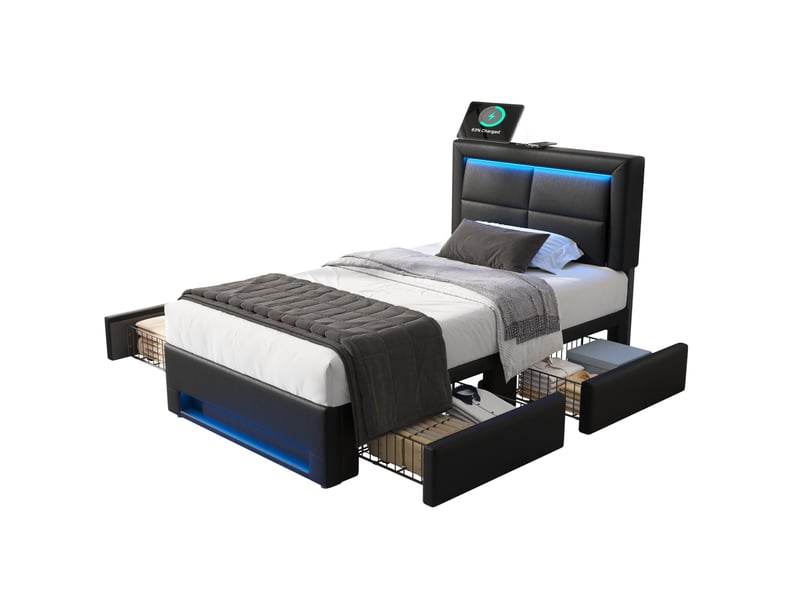Lit enfant 90x200cm avec 4 tiroirs, ports usb de chargement, lumières led, design moderne, pu, noir, sans matelas - Conforama A