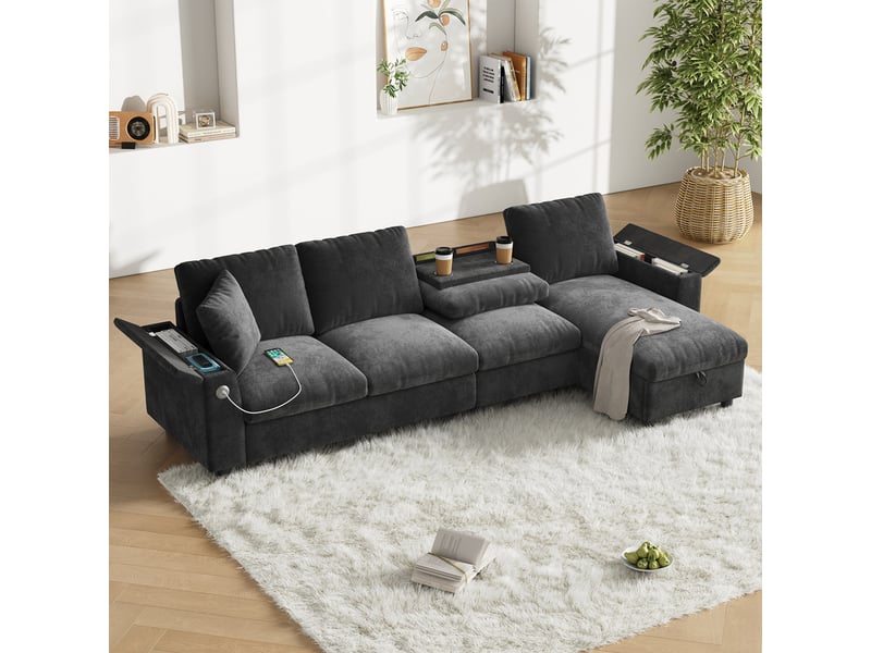  Canapé d'angle modulaire,3 places, accoudoirs avec rangements,en tissu chenille,280x137x84 cm,gris  - Conforama D