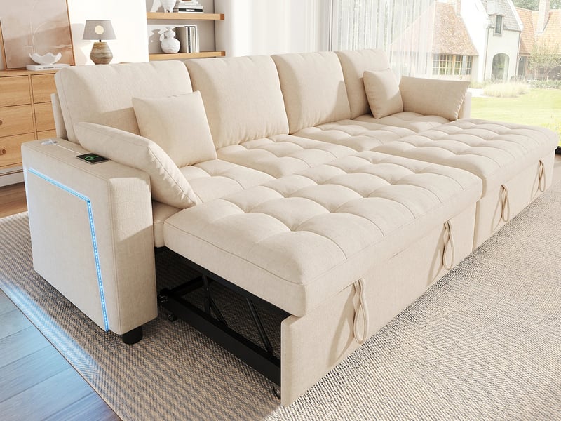 Canapé d'angle convertible ,4 places,avec éclairage led, usbtype-c,262 ×140 × 89 cm,beige  - Conforama B