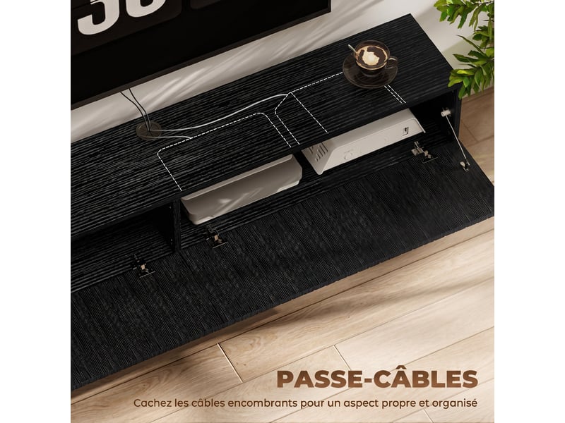  Meuble tv suspendu 140cm, meuble télé pour téléviseur 72 pouces, 140x25x22cm, 2 portes rabattables, noir  - Conforama R