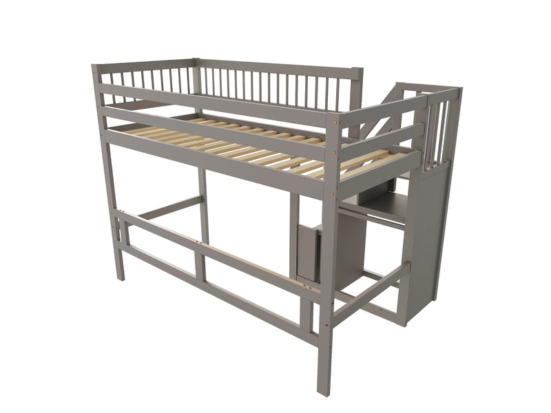  Lit mezzanine 90x200 lit enfant en bois massif avec escalier de rangement, lit ado gris surélevé, cadre robuste et sécurisé  - Conforama D
