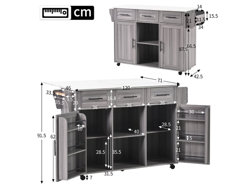  Meuble de salle à manger 120 cm, corps gris + plateau en bois massif, pliable, roulettes  - Conforama D