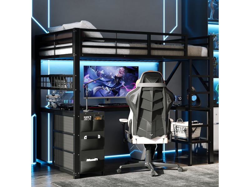  Lit mezzanine gaming en métal 90x200 cm, tiroirs, bureau, étagère, éclairage led, noir  - Conforama D