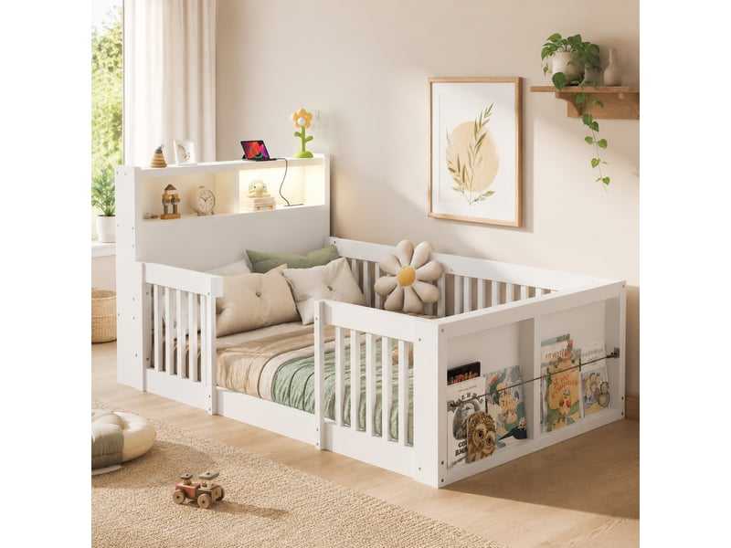  Lit enfant modenvie multifonction 90 x 190 cm avec barrière de sécurité, port usb, veilleuse et rangement, blanc  - Conforama D