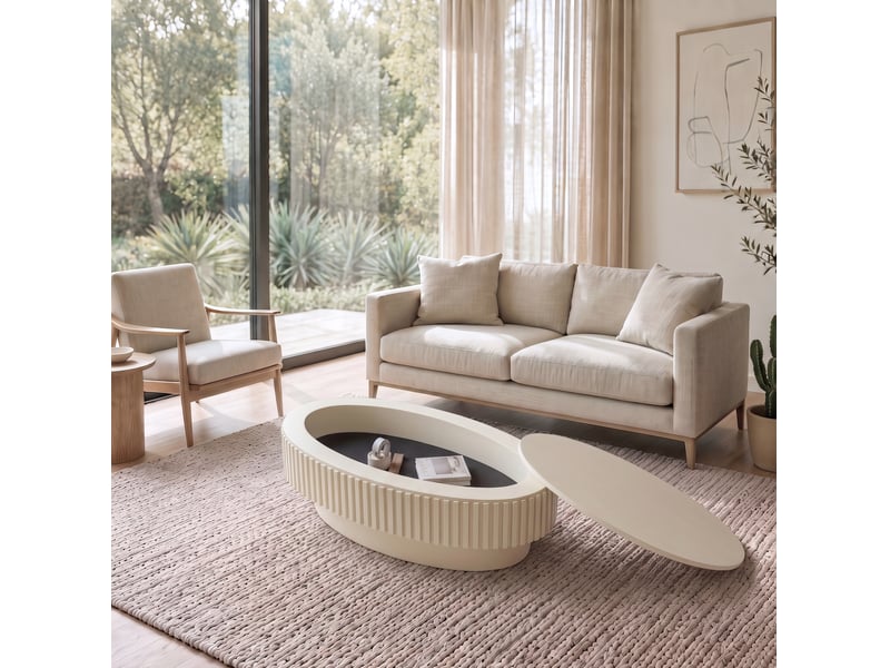  Table basse ovale 98x60x35 cm crème avec rangement dissimulé  - Conforama B