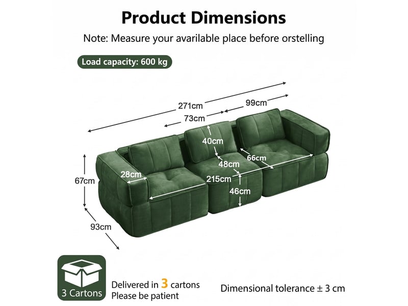 Canapé 3 places, revêtement en tissu, sans assemblage, vert - Conforama D