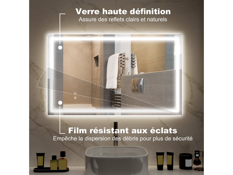  Miroir salle de bain éclairage led miroir lumineux salle de bain mural interrupteur tactile lumière 3 couleurs 100 x 60 cm  - Conforama R