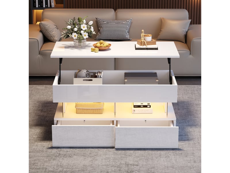  Table basse relevable blanche 100x50x46 cm avec rangement caché et 2 tiroirs, éclairage led bluetooth  - Conforama R